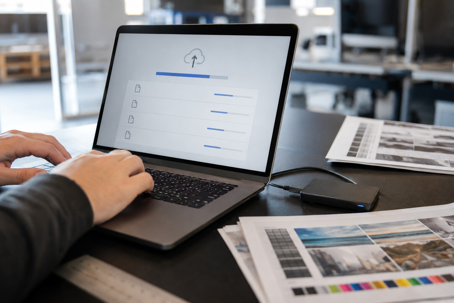 Sicherer Datenupload am Laptop mit Proofbögen auf dem Schreibtisch